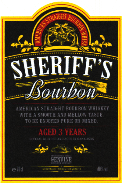 SHERIFF'S Bourbon AMERICAN STRAIGHT BOURBON WHISKEY WITH A SMOOTH AND MELLOW TASTE, TO BE ENJOYED PURE OR MIXED AGED 3 YEARS SPECIAL BLENDED AND AGED IN OAK CASKS