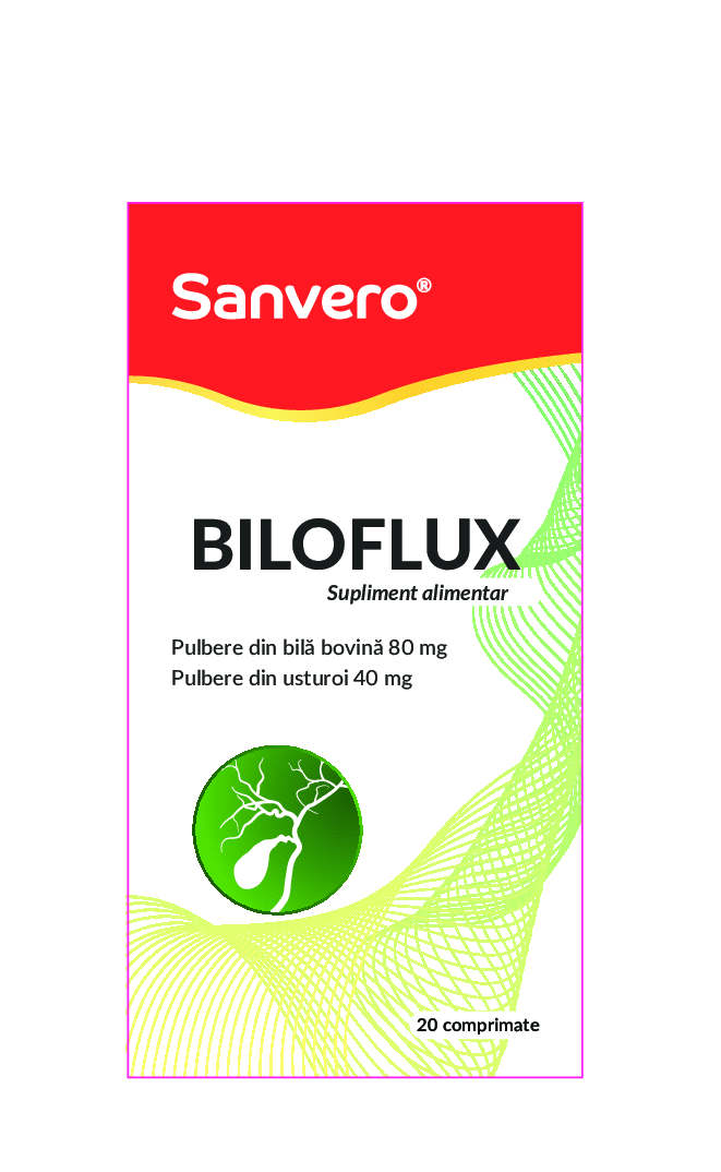 Sanvero BILOFLUX supliment alimentar Pulbere din bilă bovină 80 mg Pulbere din usturoi 40 mg 20 comprimate