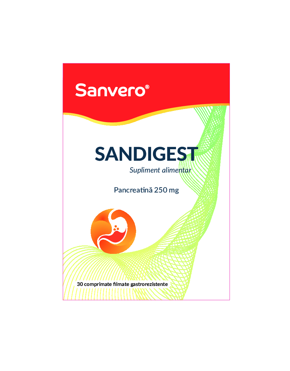 Sanvero SANDIGEST Supliment alimentar Pancreatină 250 mg 30 comprimate filmate gastrorezistente