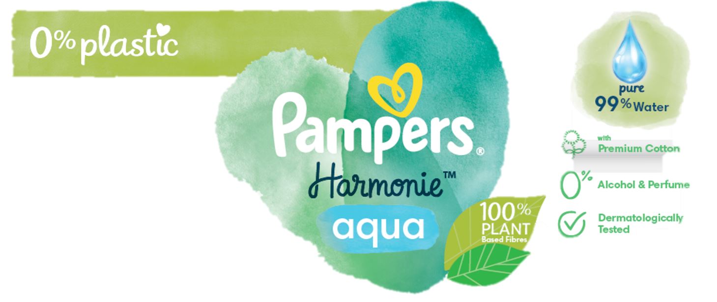 0% plastic PAMPERS Harmonie aqua 100% PLANT Based Fibres pure 99% Water with Premium Cotton 0% Alcohol & Parfume Dermatologically Tested