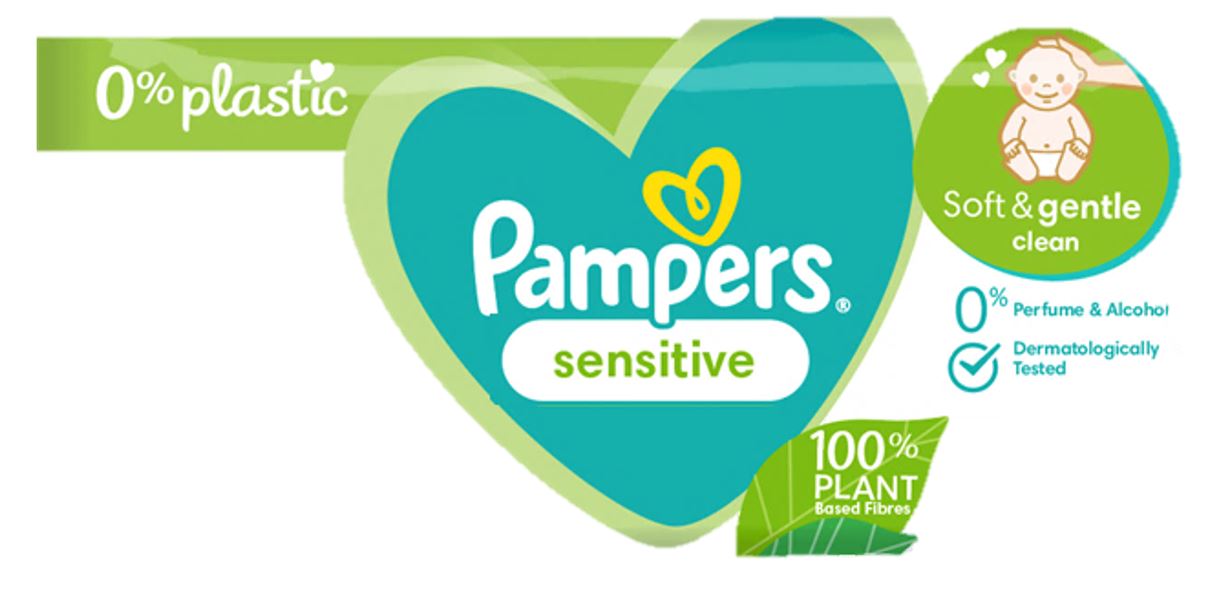 0% plastic Pampers sensitive 100% PLANT Based Fibres Soft & gentle clean 0% Perfume & Alcohol dermatologically Tested