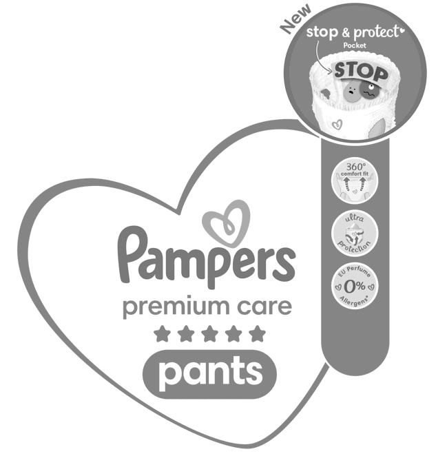 Pampers premium care pants New stop & protect Pocket STOP 360° comfort fit ultra protection EU Perfume 0% Allergens