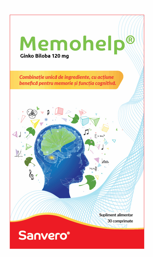 Sanvero Memohelp Ginko Biloba 120 mg Combinație unică de ingrediente, cu acțiune benefică pentru memorie și funcția cognitivă. Supliment alimentar 30 comprimate