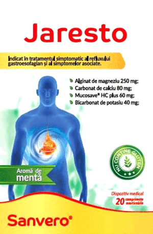 Sanvero Jaresto Aromă de mentă Indicat în tratamentul simptomatic al refluxului gastroesofagian şi al simptomelor asociate Dispozitiv medical