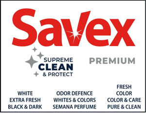 Savex SUPREME CLEAN & PROTECT PREMIUM WHITE EXTRA FRESH BLACK & DARK ODOR DEFENCE WHITES & COLORS SEMANA PERFUME FRESH COLOR COLOR & CARE PURE & CLEAN