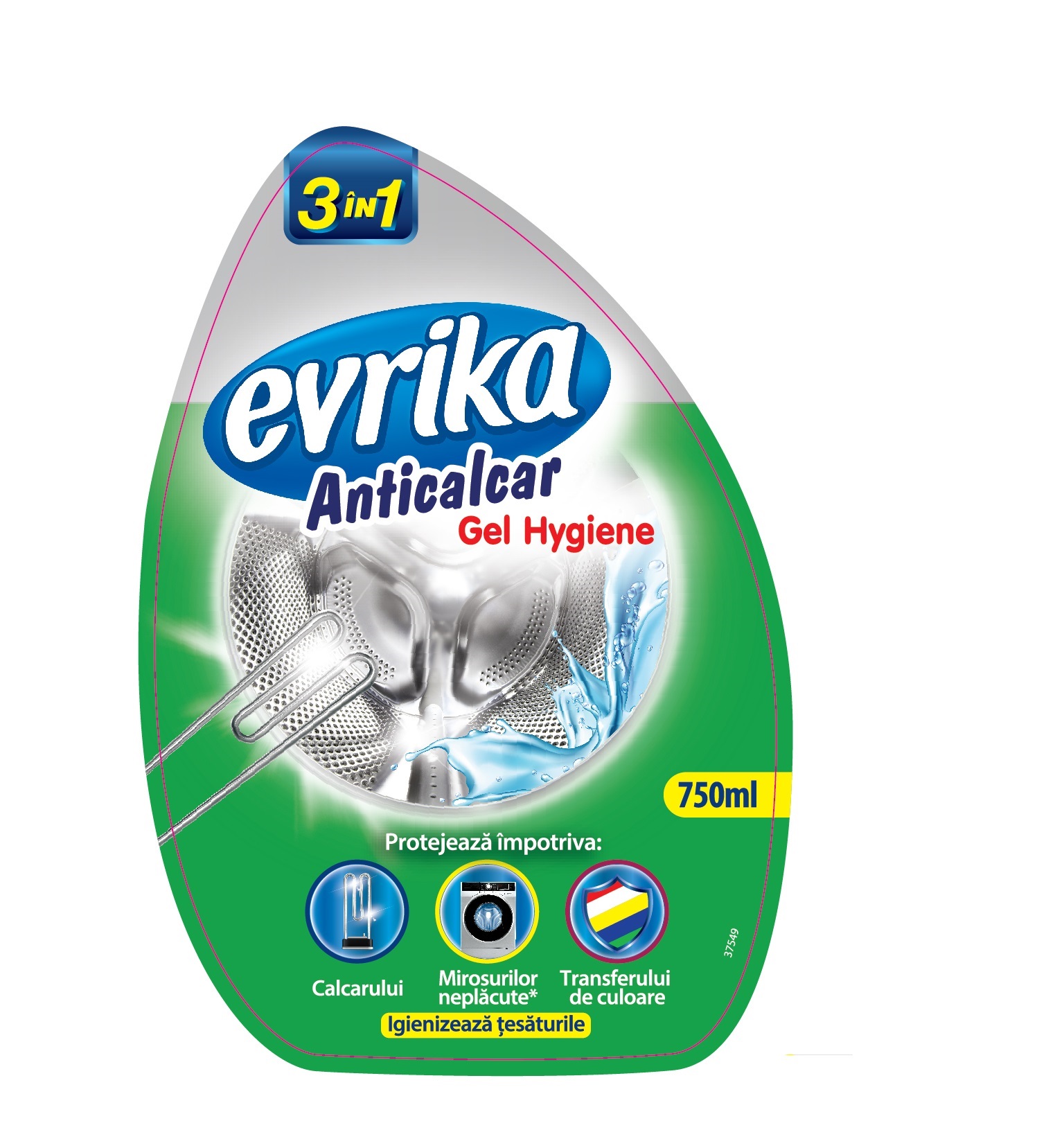 evrika Anticalcar Gel Hygiene Protejează împotriva: Calcarului Mirosurilor neplăcute Transferului de culoare
