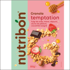 NUTRIBON Granola Temptation fulgi de ovăz, miere, căpșuni, alune de pădure, ciocolată neagră