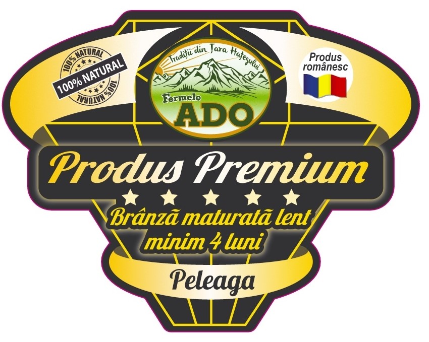 100% NATURAL Tradiții din Țara Hațegului Produs românesc Fermele ADO Produs Premium Brânză maturată lent minim 4 luni Peleaga