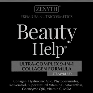 ZENYTH PREMIUM NUTRICOSMETICS Beauty Help ULTRA-COMPLEX 9-IN-1 COLLAGEN FORMULA STRAWBERRY Collagen, Hyaluronic Acid, Phytoceramides, Resveratrol, Super Natural Vitamin E, Astaxanthin, Coenzyme Q10, Vitamin C, MSM